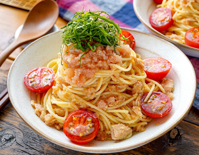 さっぱり！混ぜるだけ♪ミニトマトと大葉のツナ明太パスタ
