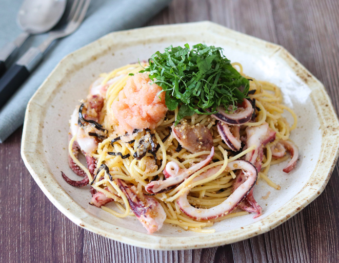 ごまたっぷり!明太子とイカの和風冷製パスタ
