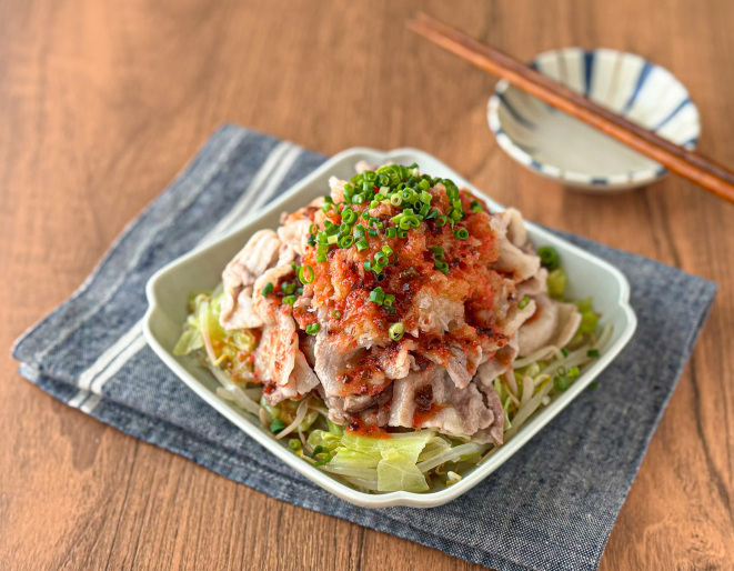 豚バラと野菜のレンジ蒸し~明太おろしだれ~